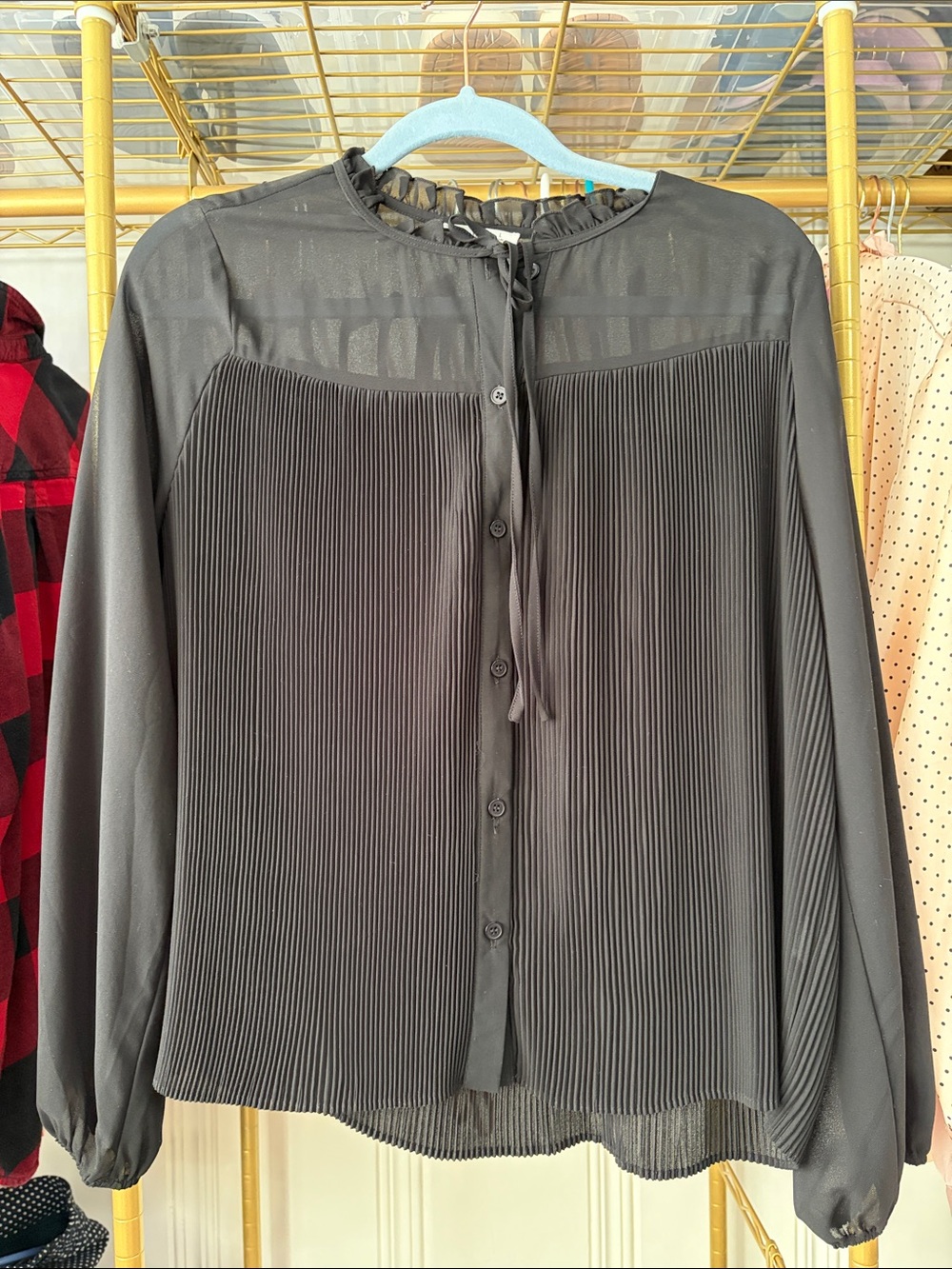 Black Pleated Button-Front Long-Sleeve Top